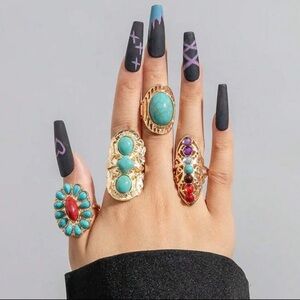 ✨Bohemian Turquoise and Gold Statement Ring Set